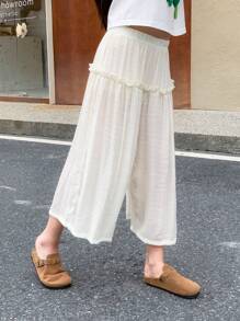 SHEIN Tween女孩純色簡約休閒度假長褲 - 杏色 - 查看 4