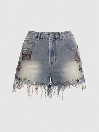 Hippie Pantalones cortos de mezclilla de verano para mujer con ajuste delgado en dobladillos con borlas bordadas de mariposa y cuentas