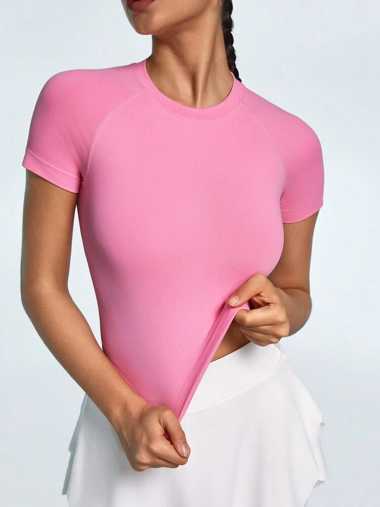 Women's Seamless Knitted Stretchy Comfortable Pink Sports T-Shirt, Short Sleeve
