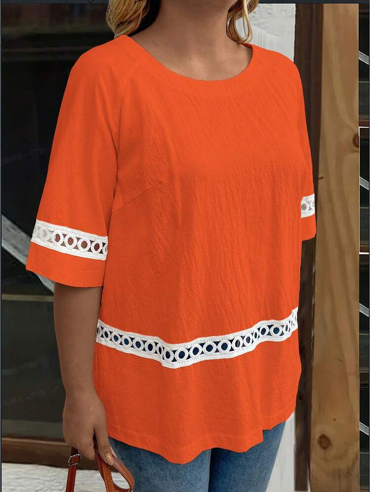 Plus Size Solid Color Round Neck Lace Splice Casual Shirt For Summer