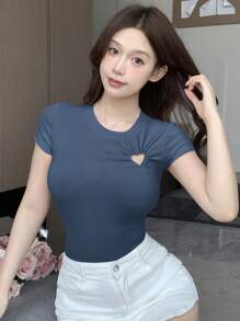 DAZY Women's Sweet And Cool Designer Asymmetrical Short Sleeve T-Shirt With Hollow Out Design, Summer Preppy Tops - Dusty Blue - View 2