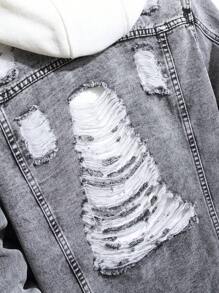 Manfinity EMRG Men Ripped Flap Pocket Denim Jacket Without Hoodie, Plain Grey Party Grunge Rapper Denim Jacket