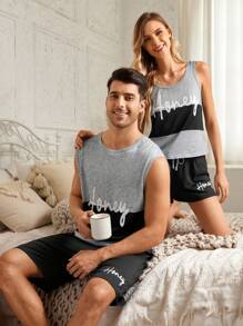 Round Neck Sleeveless Color-Block Letter Printed Top And Shorts Men's Pajama Set - Black - View 1