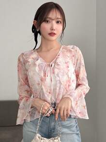 FRIFUL Women's Printed Ribbon Tie Peplum Hem Bell Sleeve Casual Shirt,Ruffle Vacation Outfits Women Floral - Baby Pink - View 4