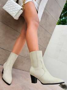 Women Slip-on Chunky Heeled Classic Boots, Elegant Beige Faux Suede Mid Calf Boots - Beige - View 6