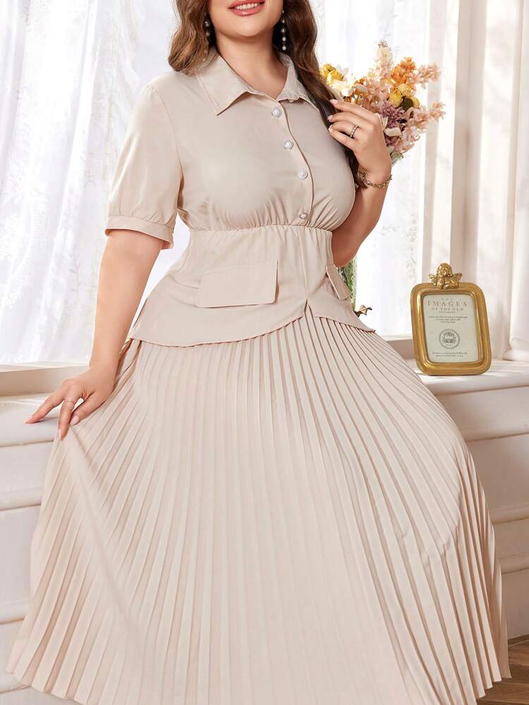 Plus Size Summer Elegant Solid Color Short Sleeve Waistband Pleated Hem Dress