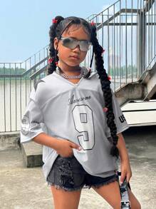 SHEIN Tween Girl Cool Street Style Mesh Splice Solid Color Loose Fit Short Sleeve Top For Spring And Summer