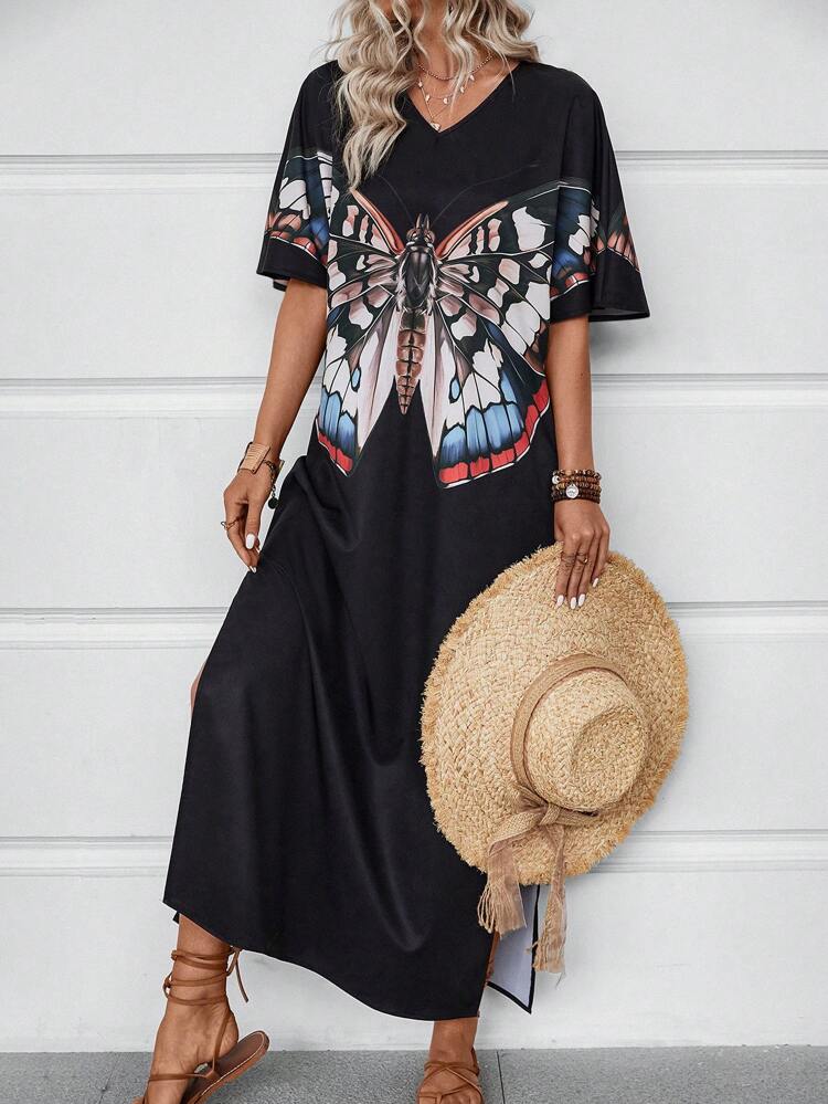 Summer V-Neck Butterfly Pattern Batwing Sleeve Split Dress
