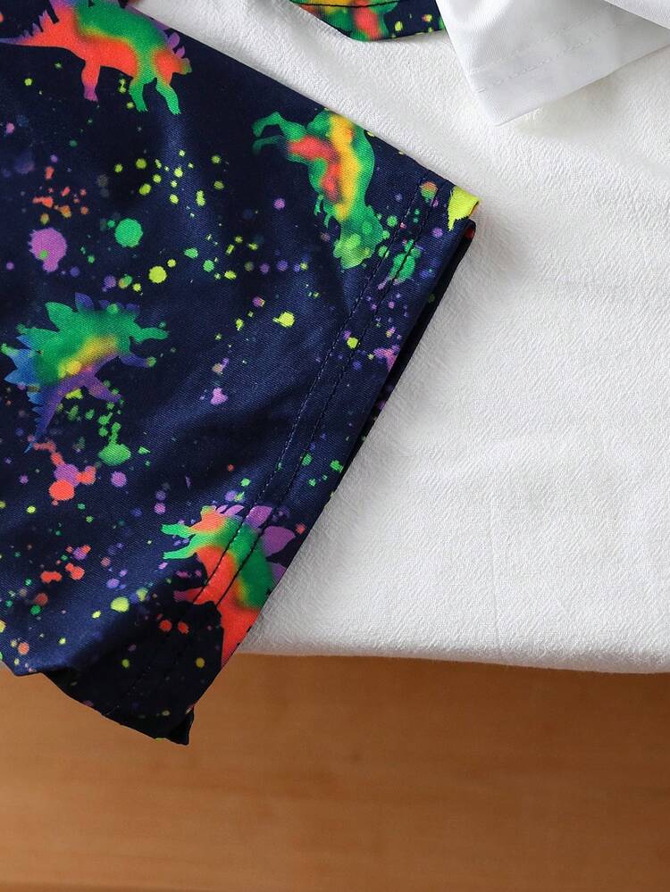 Young Boy Cool Fluorescent Dinosaur Printed Shorts And Short Sleeve Casual 2pcs Home Wear Pajamas Set