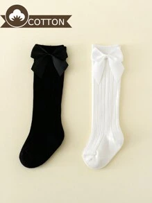 2 Pairs Baby Girls Bowknot Princess Mid-Calf Socks Suitable For Daily Wear