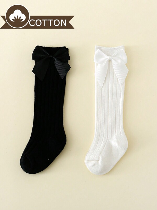 2 Pairs Baby Girls Bowknot Princess Mid-Calf Socks Suitable For Daily Wear