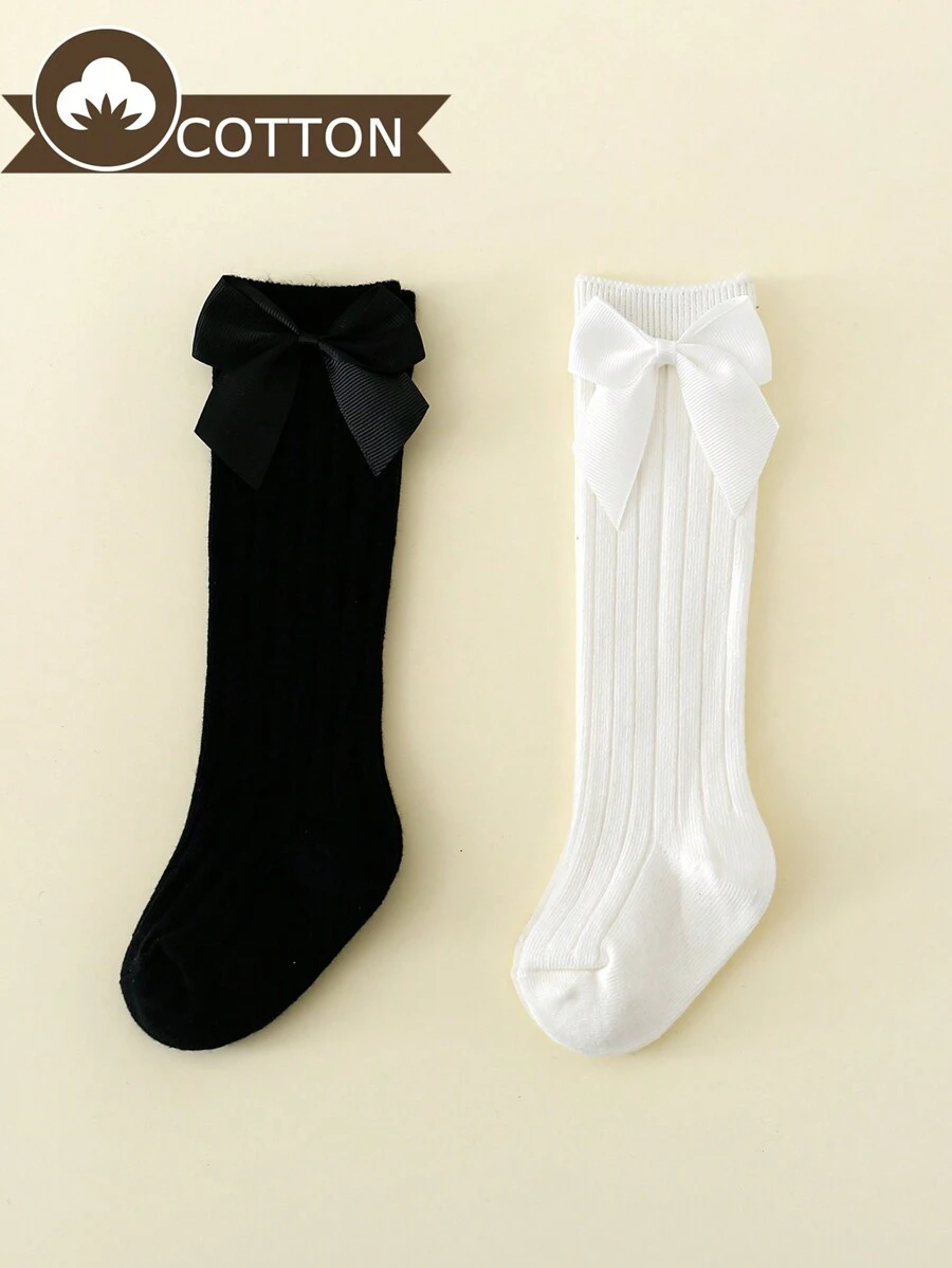 2 Pairs Baby Girls Bowknot Princess Mid-Calf Socks Suitable For Daily Wear