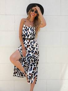 SHEIN LUNE 女式夏季豹纹侧开衩下摆休闲吊带连衣裙长款女装 - 彩色 - 查看 1
