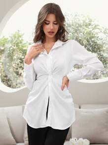 Seusyu Women's Spring/Summer Solid Color Casual Shirt With Waist Pleats And Buttoned Hem