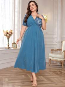 Mulvari Elegantes Kontrastspitzen Maxikleid mit kurzen Ärmeln für Damen in Große Größen, Sommer Maxioutfit für Frauen