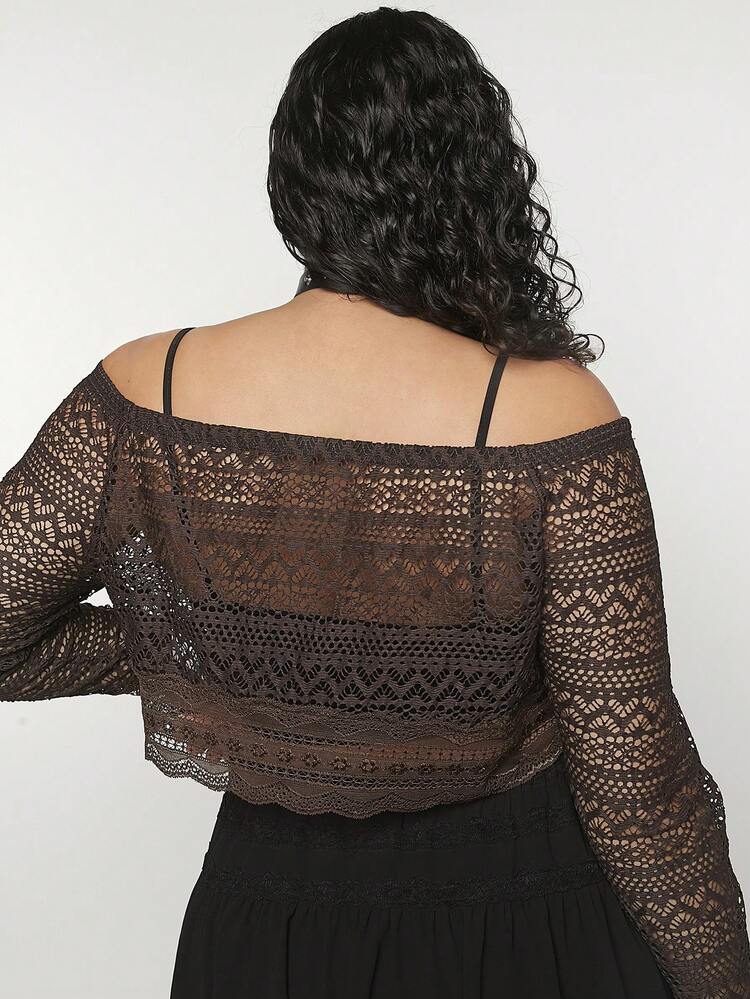 Summer Y2K Music Festival Plus Size Women's Off-Shoulder Long Sleeve Cropped Hollow Out Top