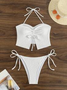 SHEIN Swim Top de biquíni de verão feminino liso com cordão franzido e Shorts de natação com laço - Branco - Ver 3