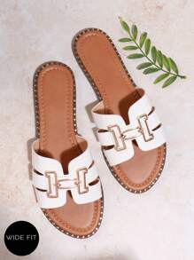 SHUZIA 女士宽版露趾白色一脚蹬凉鞋，金色装饰时尚平底凉鞋 - 白色 - 查看 2