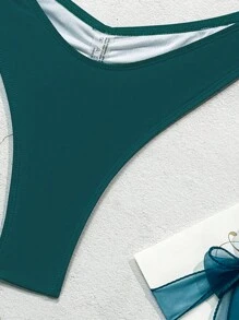 SHEIN Slayr Women's Holiday Solid Color Asymmetrical Neck Hollow Out Sexy Bikini Set, With Underwire Push Up,Summer Beach - Dark Green - View 4