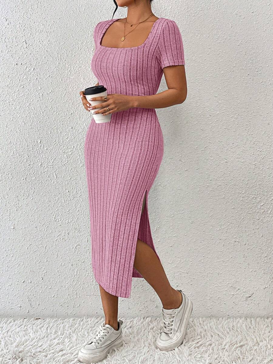 SHEIN Frenchy Vestido feminino de manga curta com decote quadrado de cor sólida, com nervuras e fenda na barra, para o verão - Pink - Visão 1