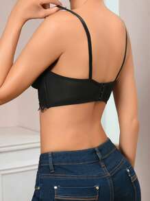 Solid Color Lace Splice Triple Hook-And-Eye Bra With Rhinestone Decoration For Women