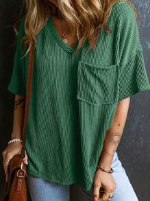 CILKOO 女士宽松扭结纹理V领短袖T恤，春夏休闲款 - 橄欖綠 - 查看 4