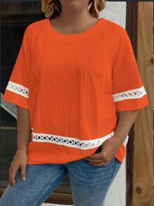 SHEIN LUNE Plus Size Solid Color Round Neck Lace Splice Casual Shirt For Summer - Orange - View 4