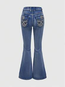 ROMWE Grunge Punk Punk Style Skinny Flared Jeans With Skull Embroidery For Women - Baby Blue - View 5
