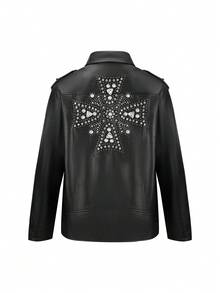 Women's Simple And Fashionable Faux Leather Jacket For Fall And Winter With Warmth And Belt Included - Black - View 2