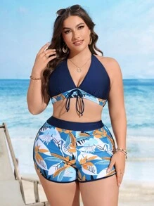 Swim Lushoire Plus Size Women's Beach Vacation Tropical Plant Print Halter Neck Tie Shorts Sexy Bikini Set,Summer Beach