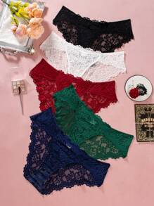 Plus Size Fantasy Elegant Lace Panties Set, 5pcs/Set Lingerie