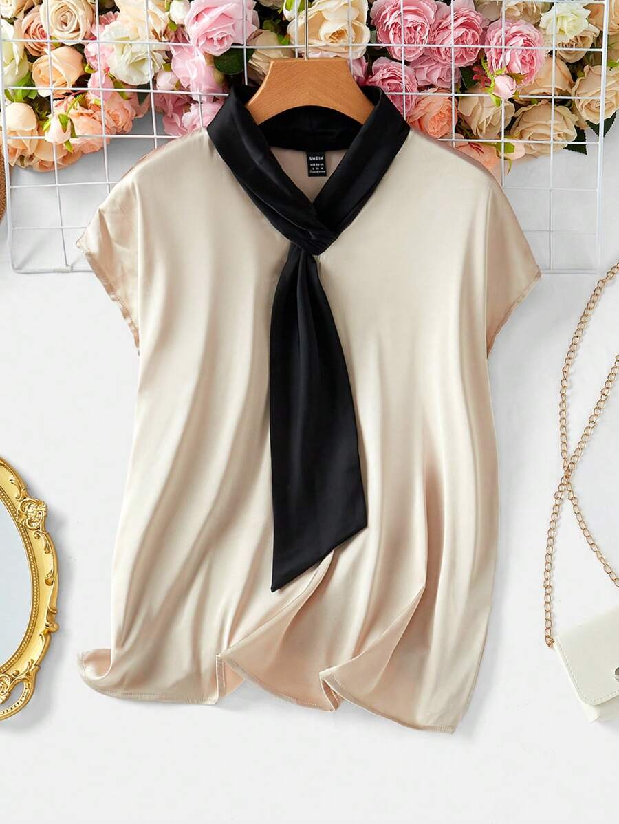 SHEIN Clasi 夏季彩色條紋領帶優雅短袖襯衫 - 彩色 - 查看 1