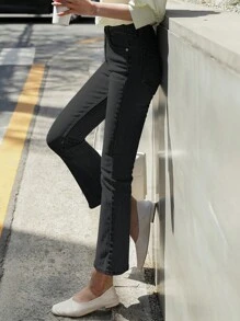 DAZY 女士口袋喇叭牛仔褲，時尚百搭休閒褲 - 黑色 - 查看 5