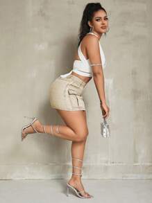 SHEIN SXY Solid Color Denim Pencil Skirt With Pockets, Summer - Khaki - View 5