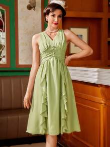 Vintamour Sage Green Elegant Summer Date Women's Dress,Vintage V Neck Mesh Chiffon Ruched Ruffle Hem Sleeveless Faux Pearl Button Midi Formal Wedding Dresses - Green - View 1