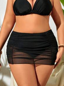 Swim Lushoire Plus Size Solid Color Pleated Mesh Skirt Bikini Swimwear Bottom For Summer Beach Vacation - Black - View 1