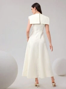Modelyn Đầm dạ hội dài màu trơn cổ tròn thanh lịch cho nữ kiểu Ả Rập đơn giản - Màu be - Xem 5