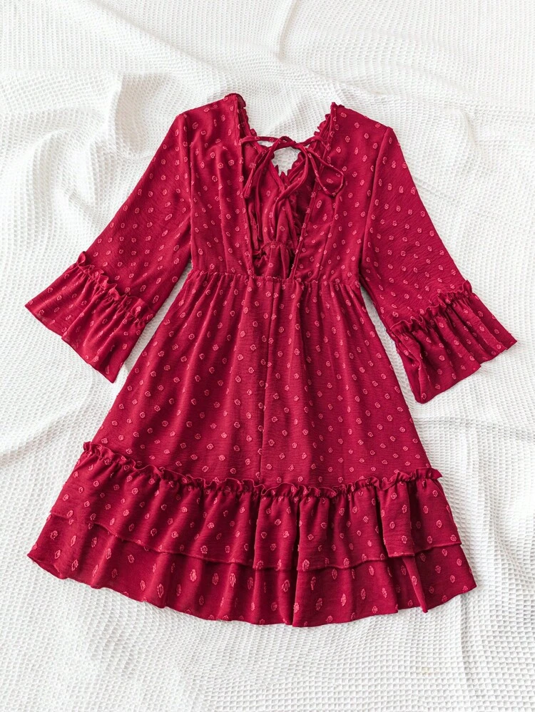 WYWH Women Red V-Neck Ruffle Flare Sleeve Multi-Layered Frill Hem A-Line Dress For Vacation