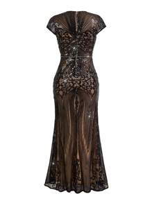 SHEIN Belle Gorgeous Dark Black Sequins Fabric Round Neck Cap Sleeves With Chest Pad Positioning Beaded Hollow Out Fish-Tail Women Evening Dress Elegant Formal Prom Wedding Guest Dress, For Graduation, Dinner