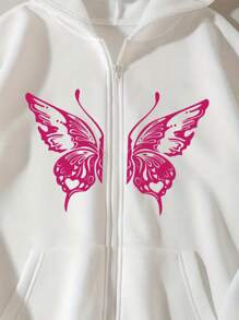 INAWLY 女士休闲蝴蝶与字母印花连帽运动衫，带保暖内衬，长袖上衣 - 白色 - 查看 3