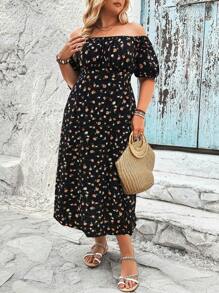 SHEIN LUNE Vestido de mujer talla grande con escote cuadrado, manga corta abullonada, estampado floral y bajo con abertura, conjunto de vestir de verano para mujer - Negro - Ver 5