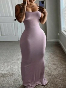 SHEIN Women's Solid Color Slim Fit Fashion Spaghetti Straps Dress - Mauve Purple - View 1
