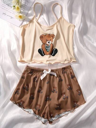 Bear Print Lettuce Trim Cami Top & Shorts PJ Set / Pajama Set