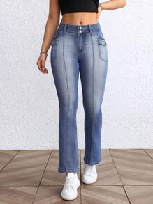 Jeans en denim pour femmes de couleur unie avec boutons et poches