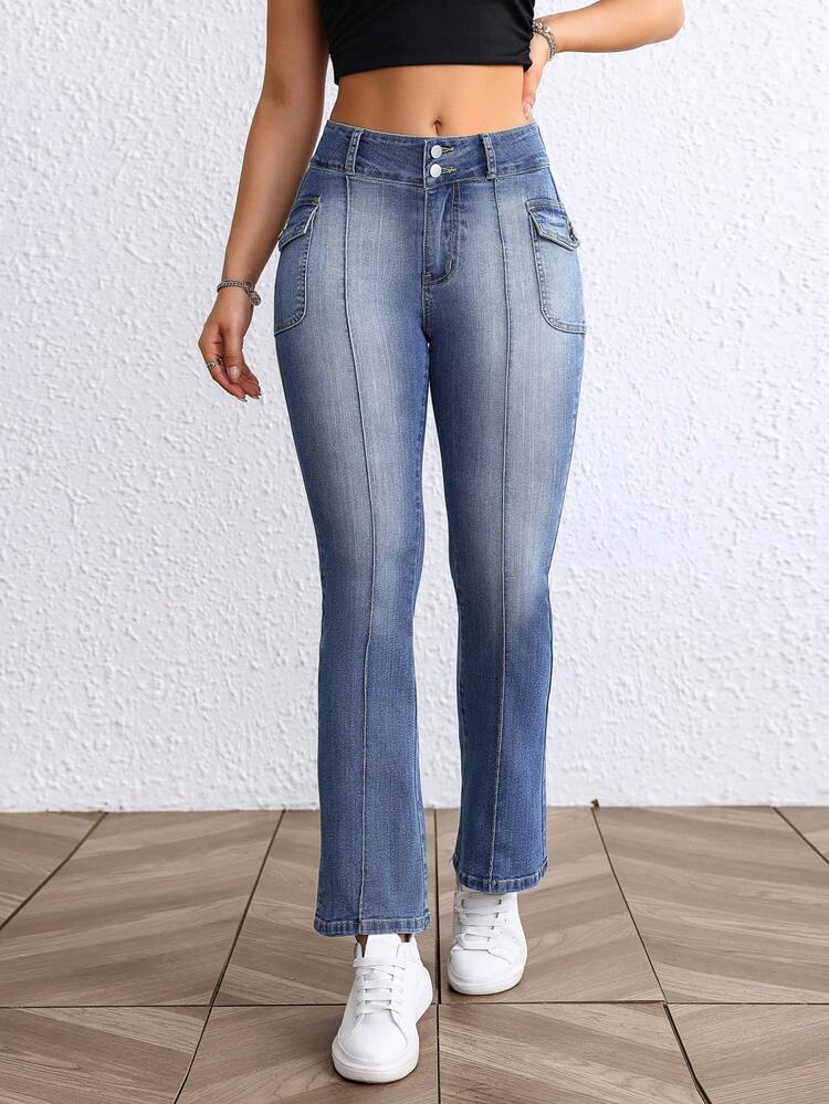 Women Solid Color Buttoned Denim Jeans With Pockets