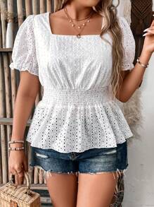 SHEIN Clasi Camisa A-line de cuello cuadrado de moda para mujer de talla grande en unicolor con cintura ajustable con cordón