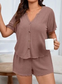SHEIN Plus Size Notched Neck Rib Knit Fabric Button-Up Top And Shorts Pajama Set Lounge Set, Outfits - Dusty Pink - View 4