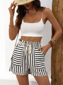 SHEIN LUNE Vakantie casual colorblock gestreepte papieren zak taille shorts