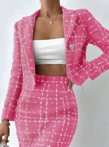 EURMUSE Plaid Pattern Lapel Neck Crop Overcoat - Pink - View 1
