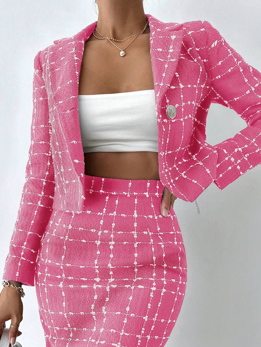EURMUSE Plaid Pattern Lapel Neck Crop Overcoat - Pink - View 1